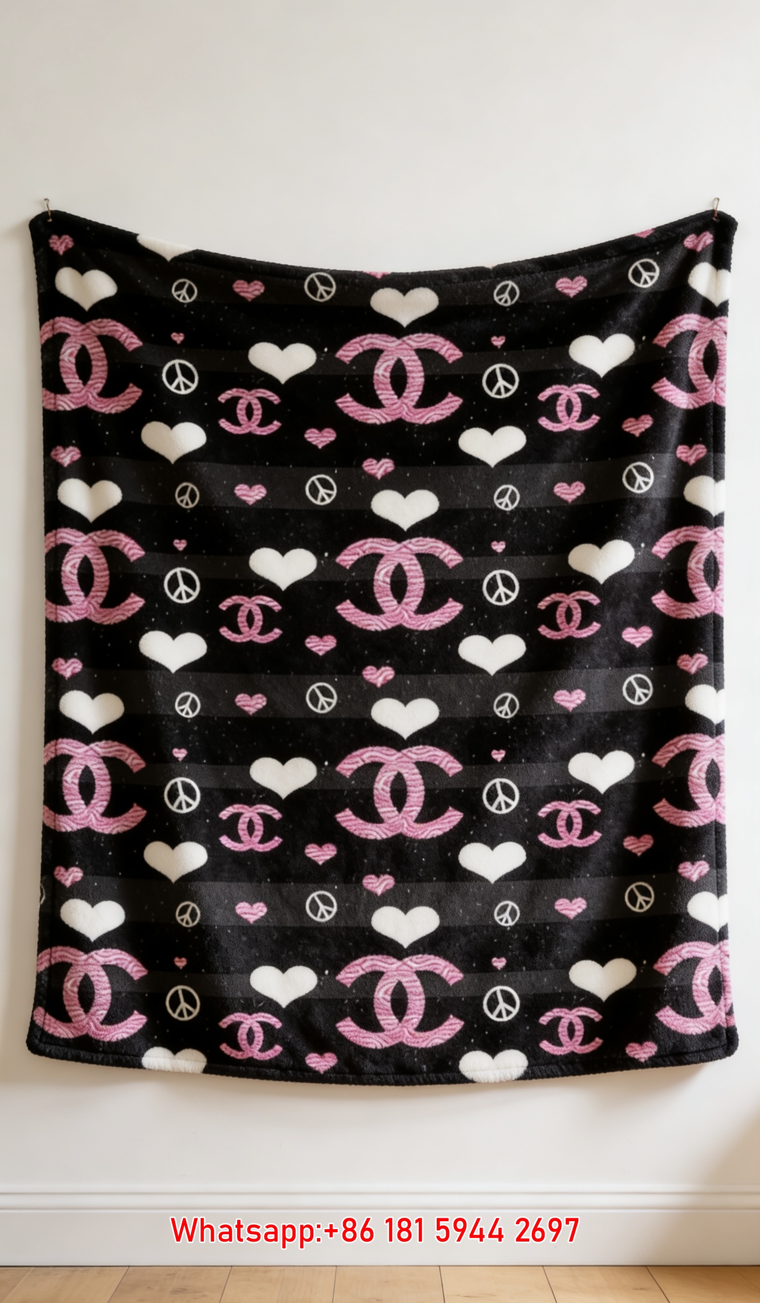 Chanel Pink Zebra CC Logo Heart & Peace Flannel Throw Blanket IMG_7095
